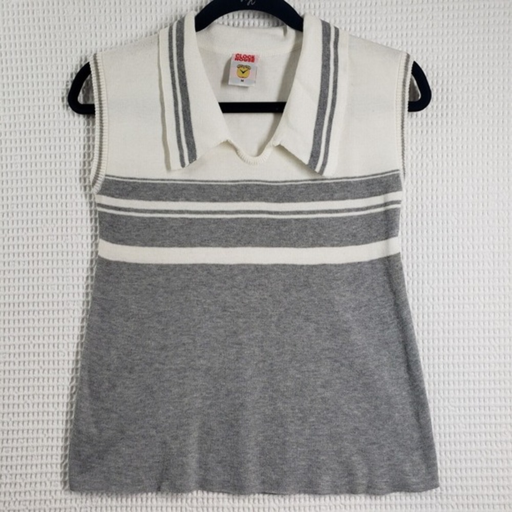 Vintage 70s Sleeveless Knit Polo Top Womens Medium Gray White Striped Mod Tennis
